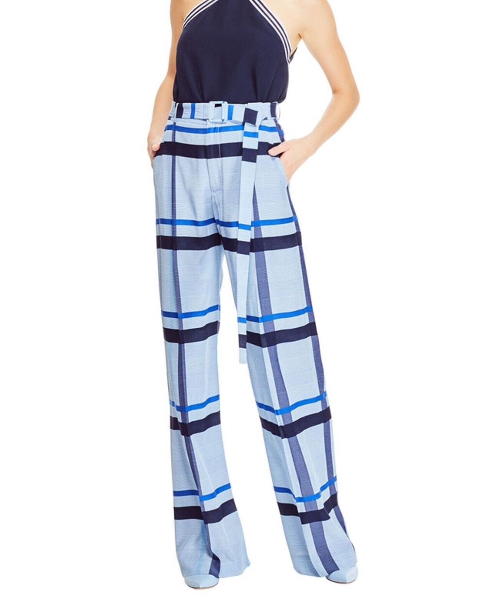Lela Rose Hi Rise Blue Plaid Wide Leg Pants 6